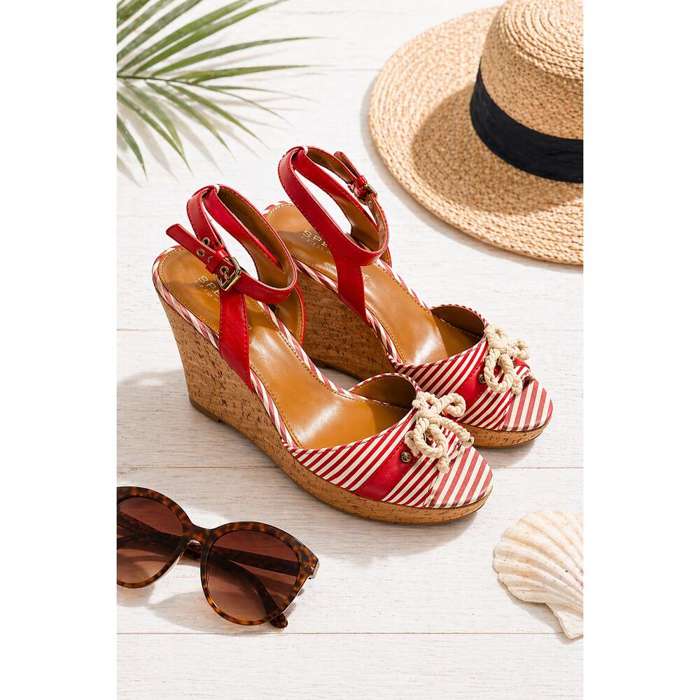 NWOT SPERRY PortSea Nautical Wedge Sandals Red White Stripe Size 8.5